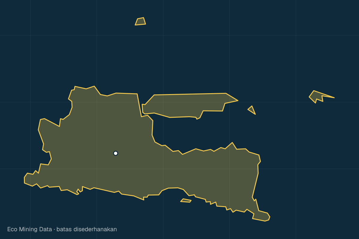 Peta statis provinsi Jawa Timur dengan garis batas yang disederhanakan; izin tambang terutama batuan & pasir, batu gamping.